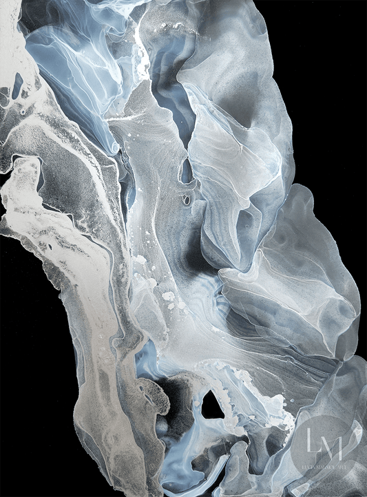 This original alcohol ink artwork features silver and white alcohol inks on black synthetic paper.