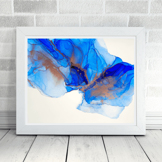 This original alcohol ink features blue alcohol inks with copper alcohol ink accents on white synthetic paper.