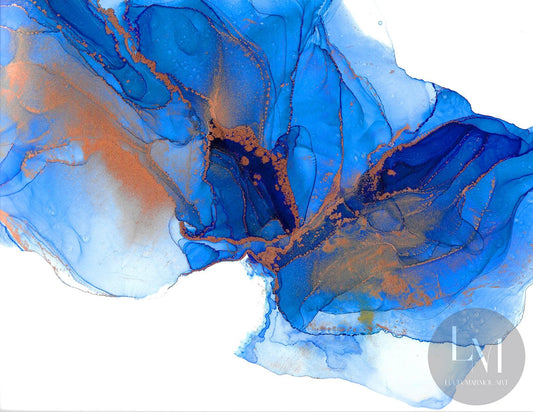 This original alcohol ink features blue alcohol inks with copper alcohol ink accents on white synthetic paper.