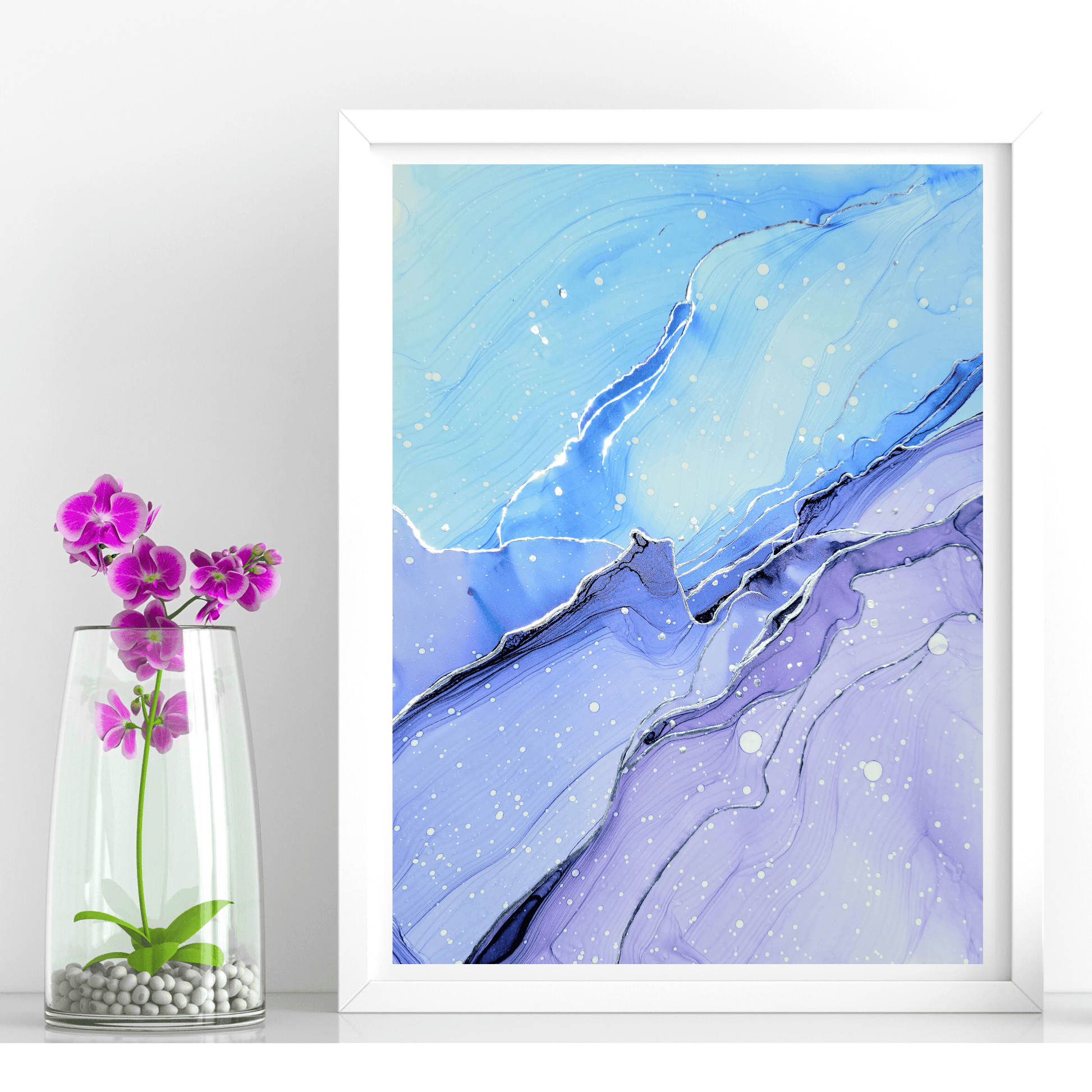 This original alcohol ink artwork features blue and purple alcohol inks with silver chrome marker accents on white synthetic paper.