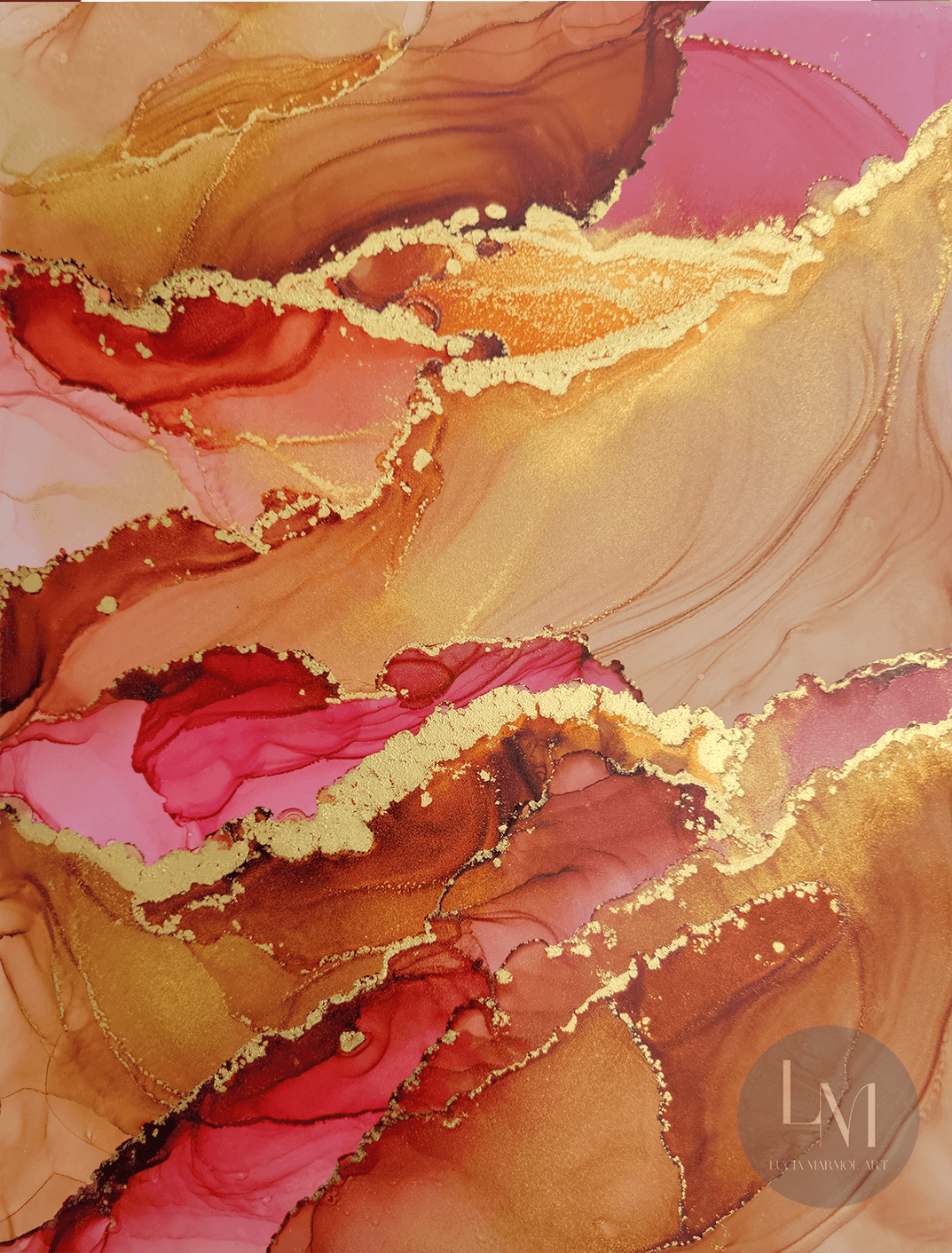 This original alcohol ink artwork features pinks and neutral color alcohol inks with gold alcohol ink accents on white synthetic paper.