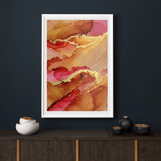 This original alcohol ink artwork features pinks and neutral color alcohol inks with gold alcohol ink accents on white synthetic paper.