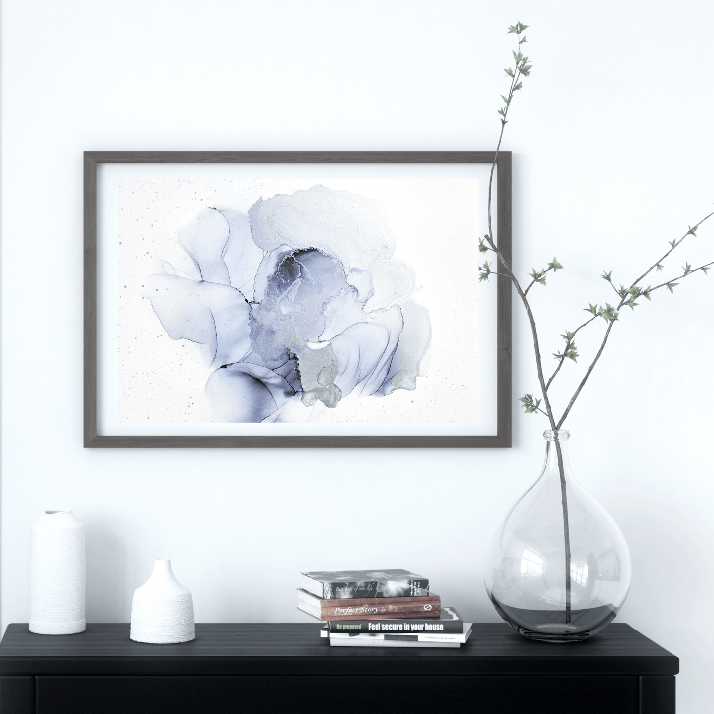 This original alcohol ink artwork features grey alcohol inks with silver alcohol ink accents on white synthetic paper.