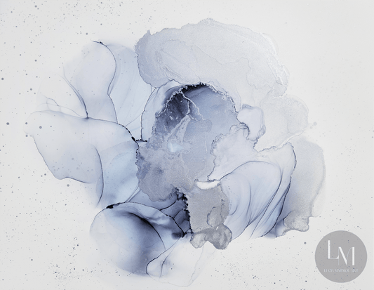 This original alcohol ink artwork features grey alcohol inks with silver alcohol ink accents on white synthetic paper. 