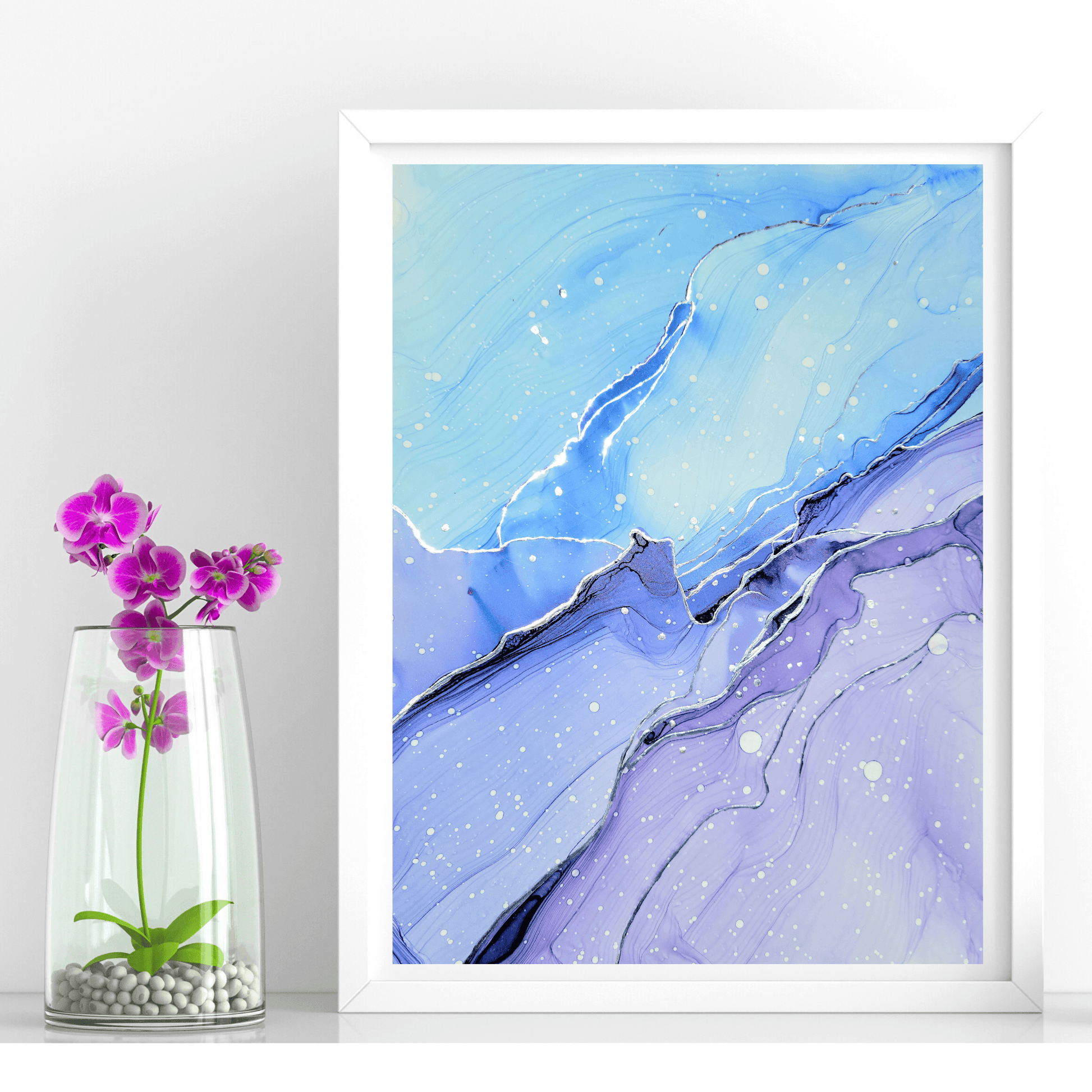 This original alcohol ink artwork features blue and purple alcohol inks with silver chrome marker accents on white synthetic paper.