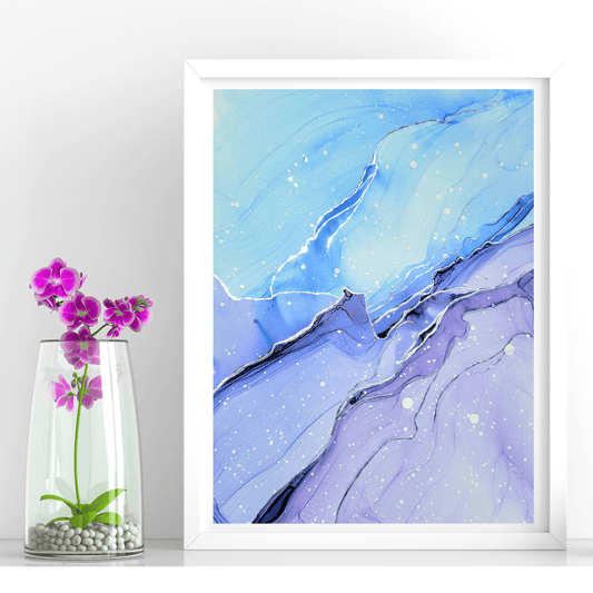 This original alcohol ink artwork features blue and purple alcohol inks with silver chrome marker accents on white synthetic paper.