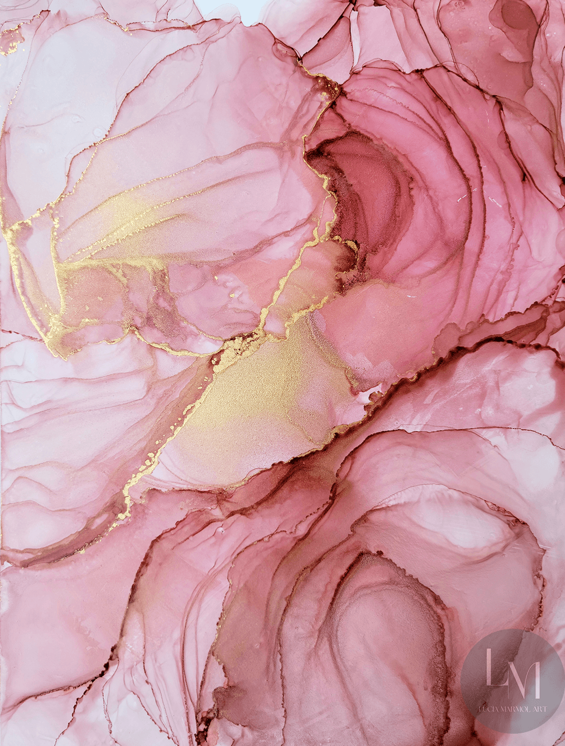 This original alcohol ink artwork features pink and neutral alcohol inks with gold alcohol ink accents on white synthetic paper.