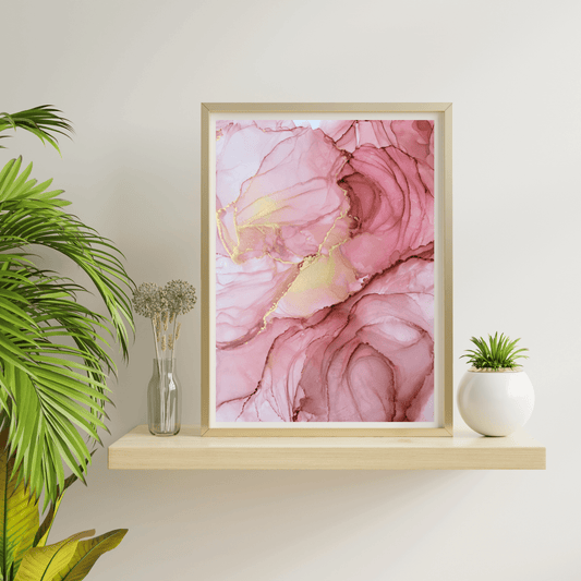 This original alcohol ink artwork features pink and neutral alcohol inks with gold alcohol ink accents on white synthetic paper.