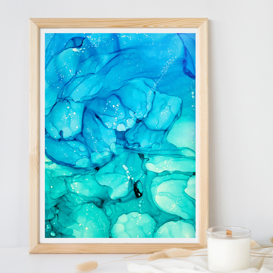 This original alcohol ink artwork features blue and teal alcohol inks on white synthetic paper.