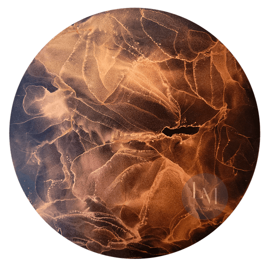This original alcohol ink artwork features copper alcohol ink on round black synthetic paper.
