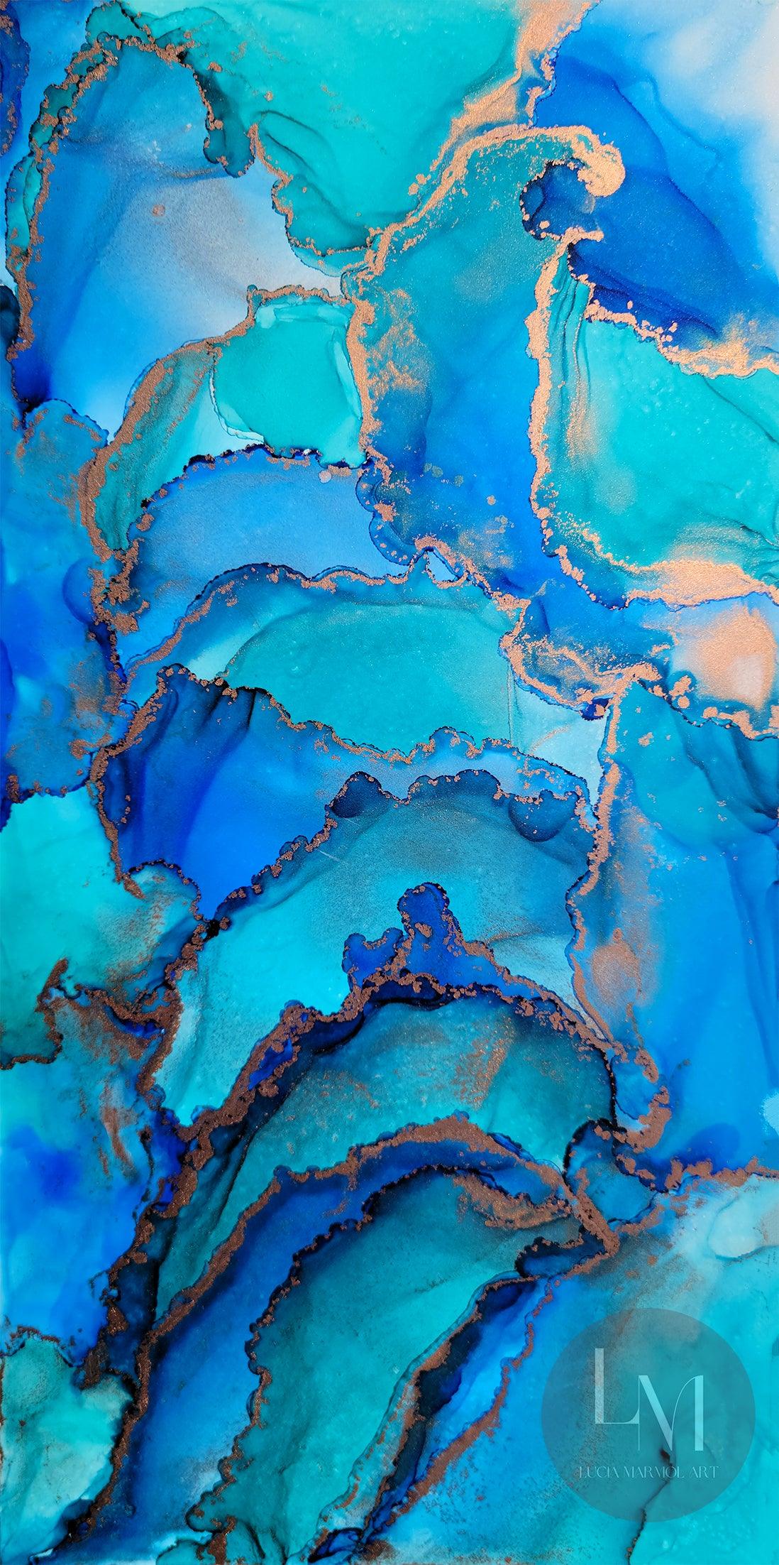 This original alcohol ink artwork features blue and teal alcohol ink with copper alcohol ink accents on white synthetic paper.