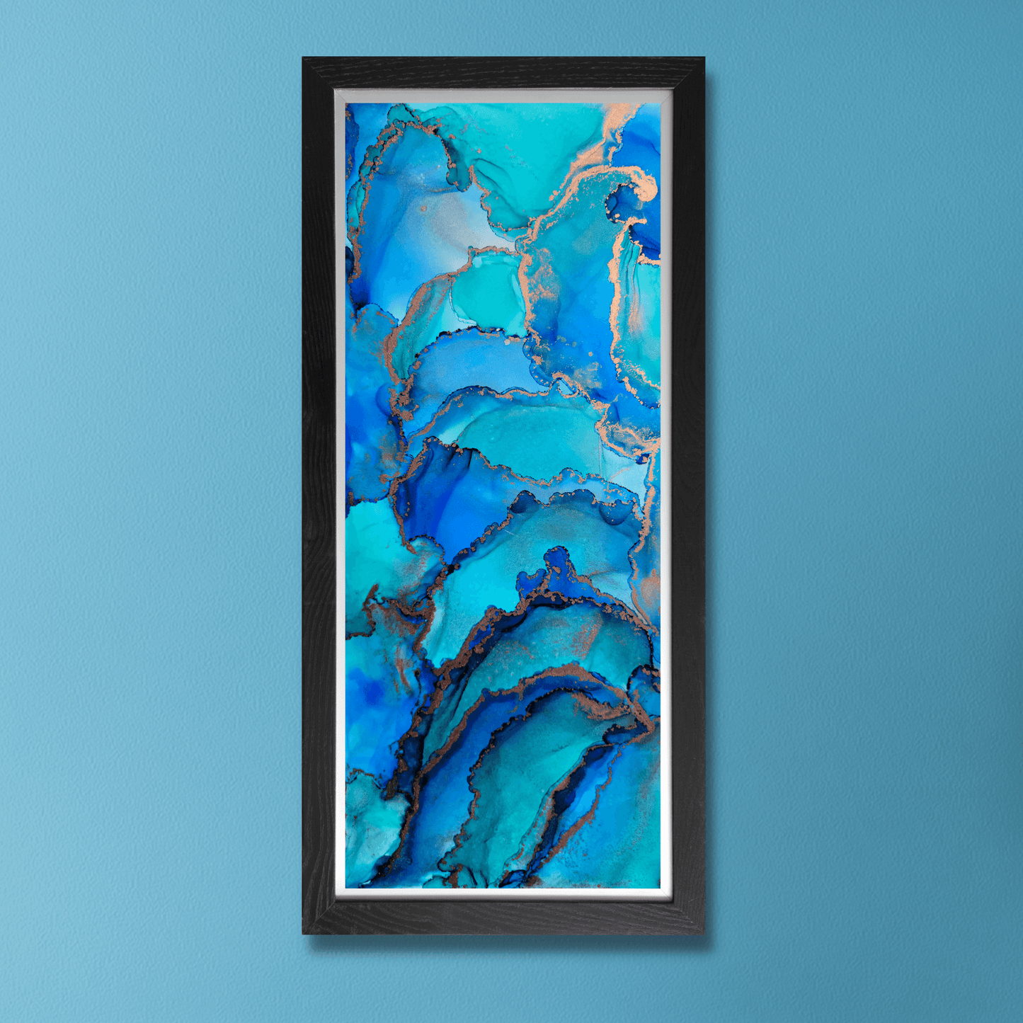 This original alcohol ink artwork features blue and teal alcohol ink with copper alcohol ink accents on white synthetic paper.