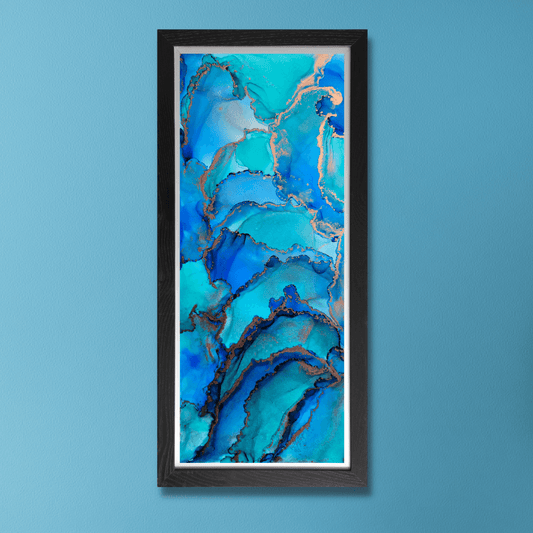 This original alcohol ink artwork features blue and teal alcohol ink with copper alcohol ink accents on white synthetic paper.